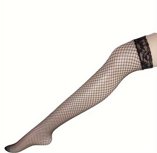 BLACK LACE TOP FISHNET HOLD UP STOCKINGS